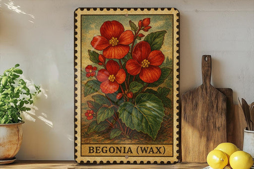 a framed illustration of red flowers, with the text "Begonia (Wax)" below the artwork. The frame is placed on a shelf next to a wooden cutting board and a potted plant.