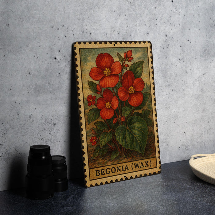 A metal plate with a vintage-style illustration of red flowers and green leaves, labeled "Begonia (Wax"), is displayed on a gray countertop next to a stack of black camera lenses.