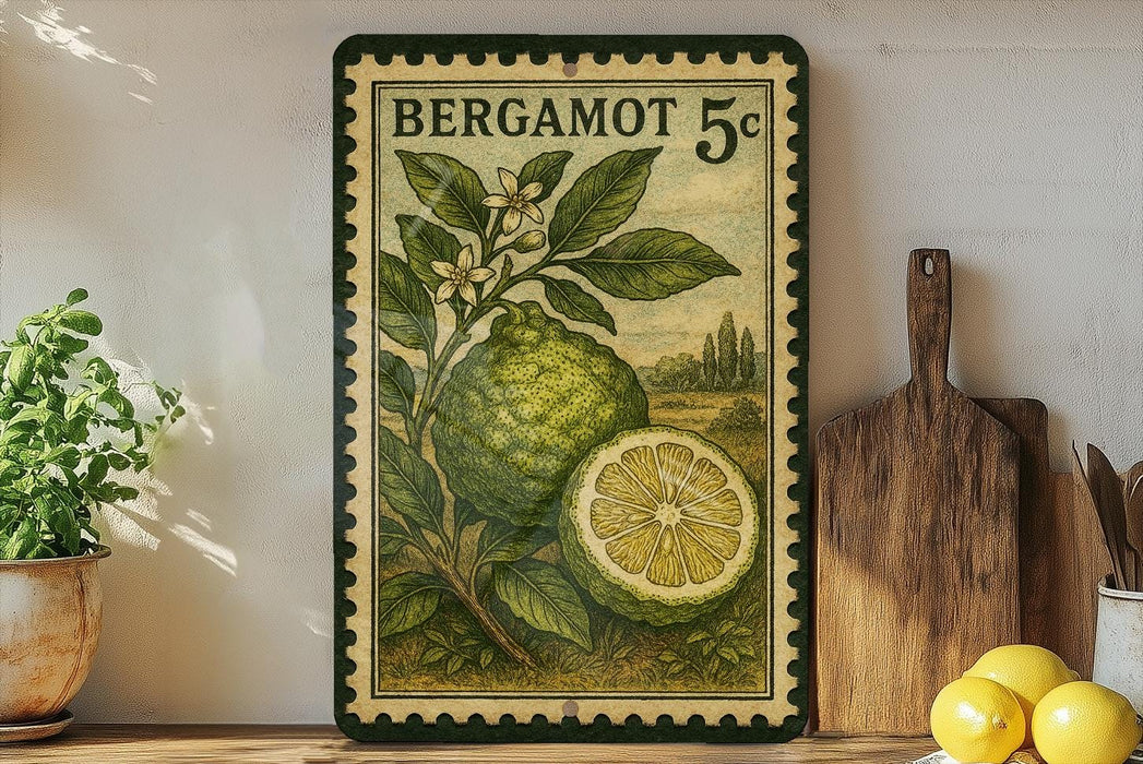 A vintage postage stamp featuring a lemon tree and a lemon slice, with the text "BERGAMOT 5c" printed on it. The stamp is displayed on a shelf next to a wooden cutting board and a potted plant.