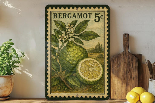 A vintage postage stamp featuring a lemon tree and a lemon slice, with the text "BERGAMOT 5c" printed on it. The stamp is displayed on a shelf next to a wooden cutting board and a potted plant.