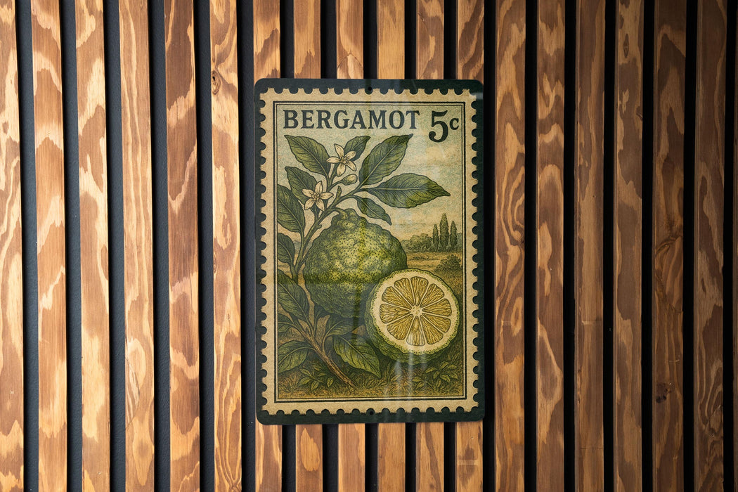 A vintage postage stamp featuring a lemon and a plant, with the text "BERGAMOT 5c" printed on it.