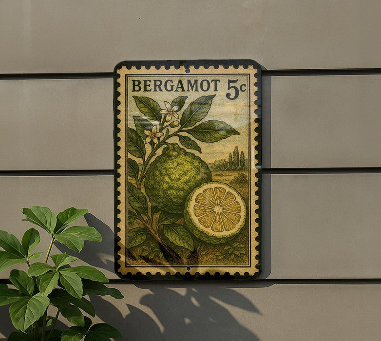 A vintage postage stamp featuring a lemon tree and a lemon slice, mounted on a wall next to a plant.
