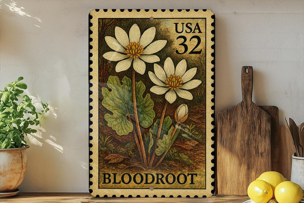 A framed image of a white flower with yellow centers, labeled "Bloodroot", is displayed on a shelf next to a wooden cutting board and a potted plant.