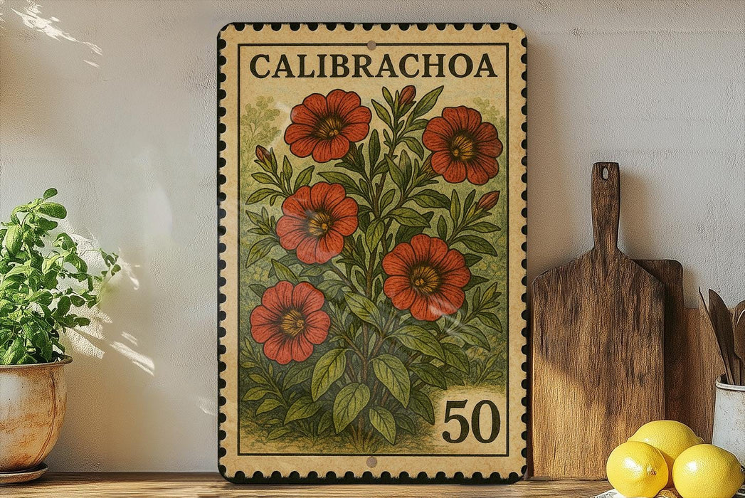 a vintage-style stamp with a floral design, placed on a shelf next to a wooden cutting board and some potted plants.