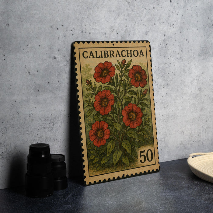 A metal stamp with a floral design and the text "CALIBRACHOA 50" on it, placed on a table next to some black camera lenses.
