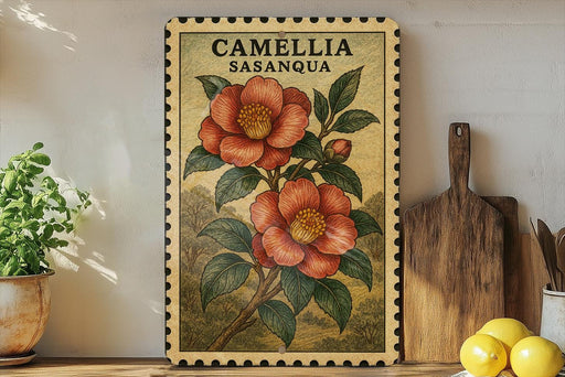 a framed illustration of a red flower on a wooden shelf, with a potted plant to the left and a wooden cutting board to the right.