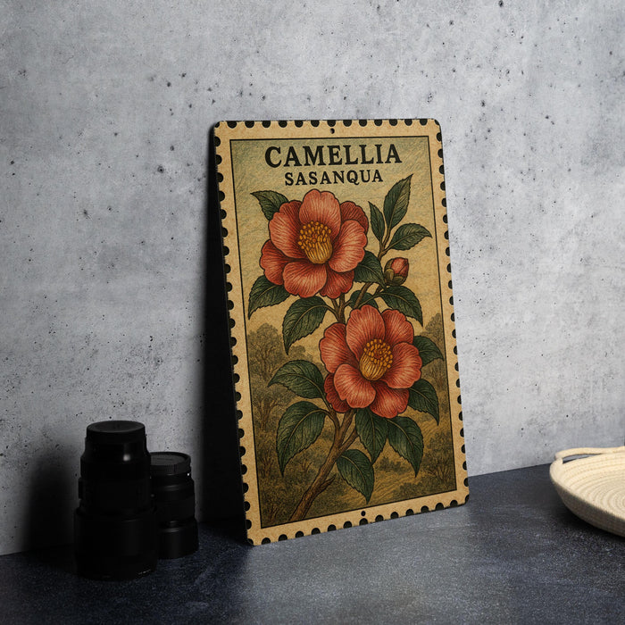 A framed illustration of a red flower with green leaves, labeled "CAMELIA SASANQUA", is displayed on a gray wall.
