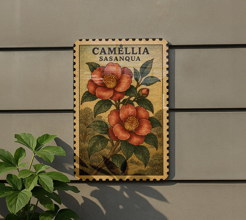 a decorative stamp-like artwork depicting two large red flowers with green leaves, mounted on a wall.