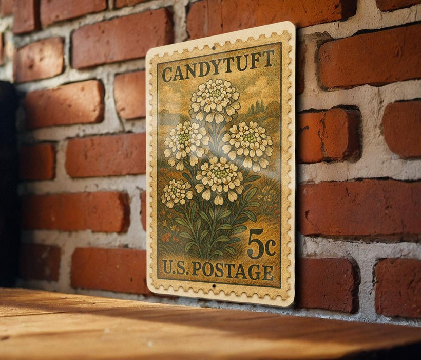 A vintage U.S. postage stamp featuring a floral design is displayed on a brick wall.