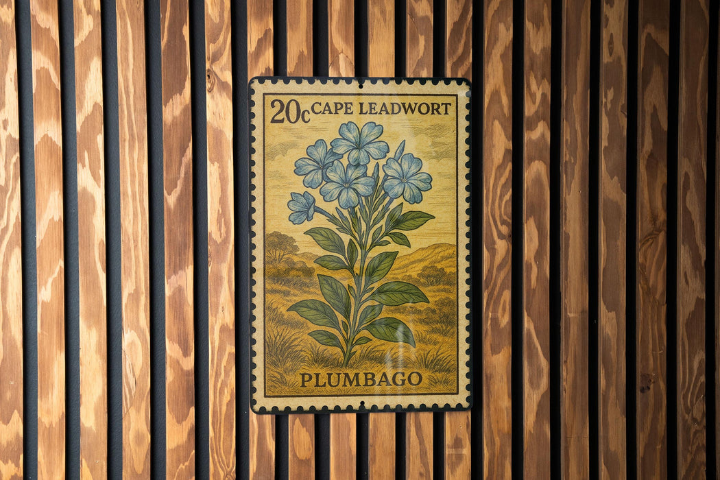 A 20 Cape Leadwort postage stamp from Plumbago is displayed on a wooden wall.