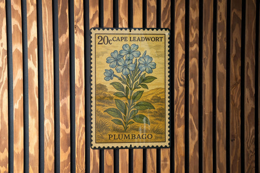 A 20 Cape Leadwort postage stamp from Plumbago is displayed on a wooden wall.