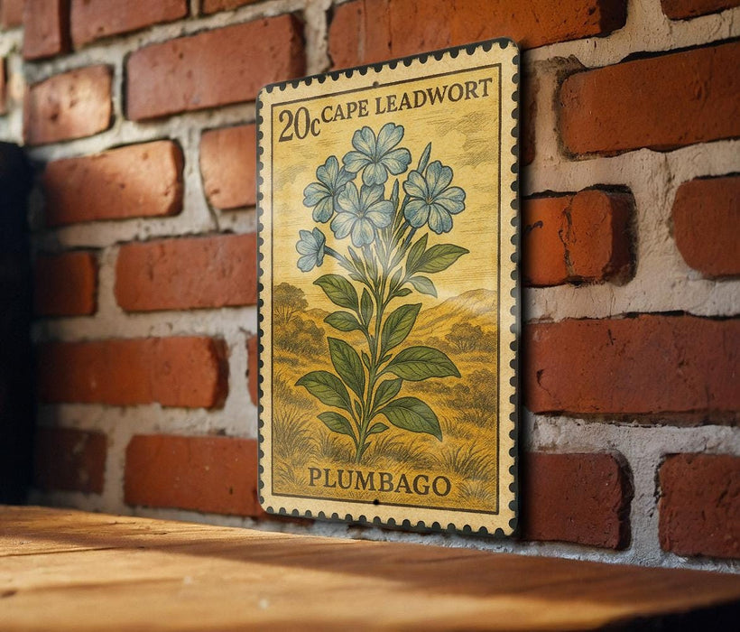A vintage-style stamp depicting a blue flower on a brick wall, with the text "20 Cape Leadwort Plumbago" printed on it.