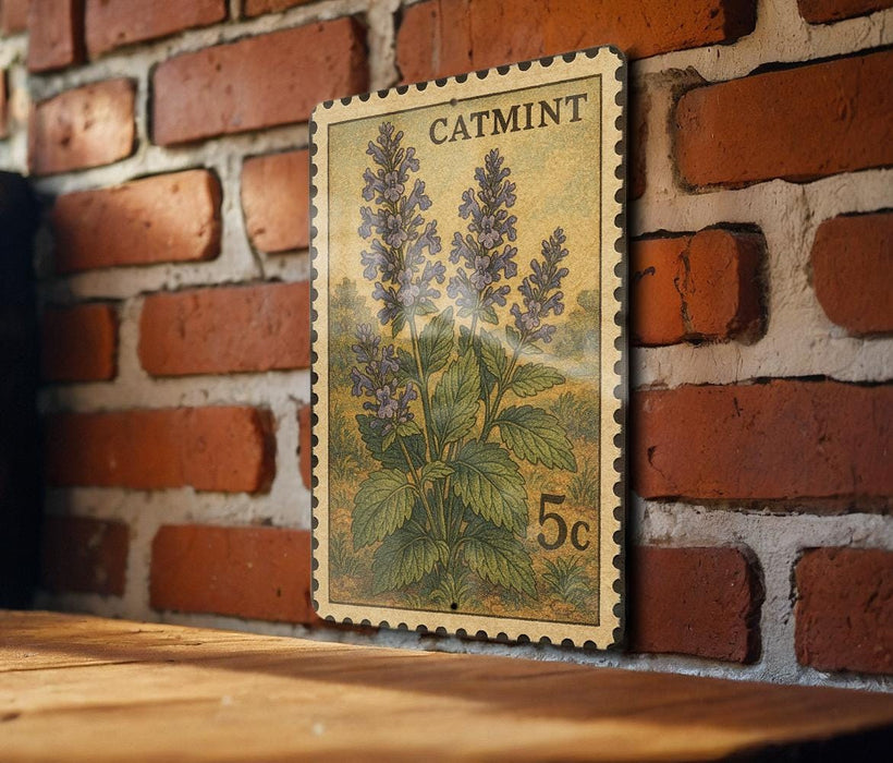 A vintage-style postage stamp featuring a plant illustration is displayed on a brick wall.