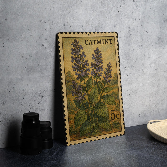 A metal stamp featuring a depiction of catmint flowers, with the text "CATMINT" and the denomination "5c" printed on it.