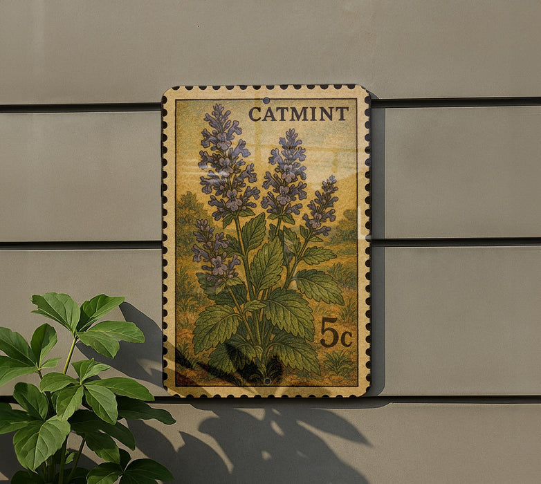 A postage stamp featuring a plant with purple flowers and green leaves, mounted on a wall.