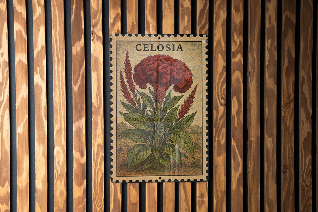 a large, detailed illustration of a red flower with green leaves, mounted on a wooden wall.