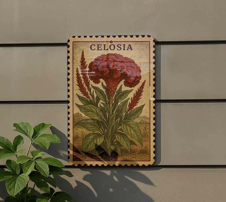 a decorative metal sign with a detailed illustration of a red flower and green leaves, mounted on a wall.