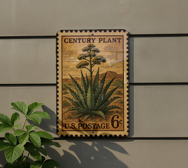 A postage stamp featuring an illustration of an agave plant, mounted on a wall.