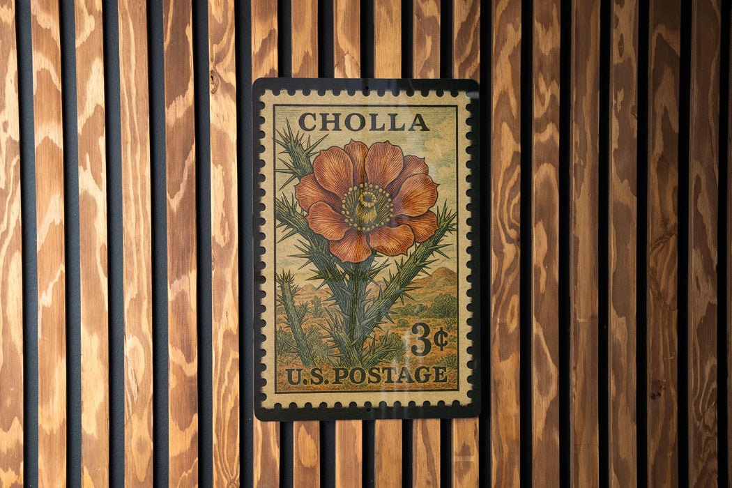 A vintage postage stamp from the United States, featuring an illustration of a flower on a wooden background.