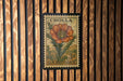 A vintage postage stamp from the United States, featuring an illustration of a flower on a wooden background.