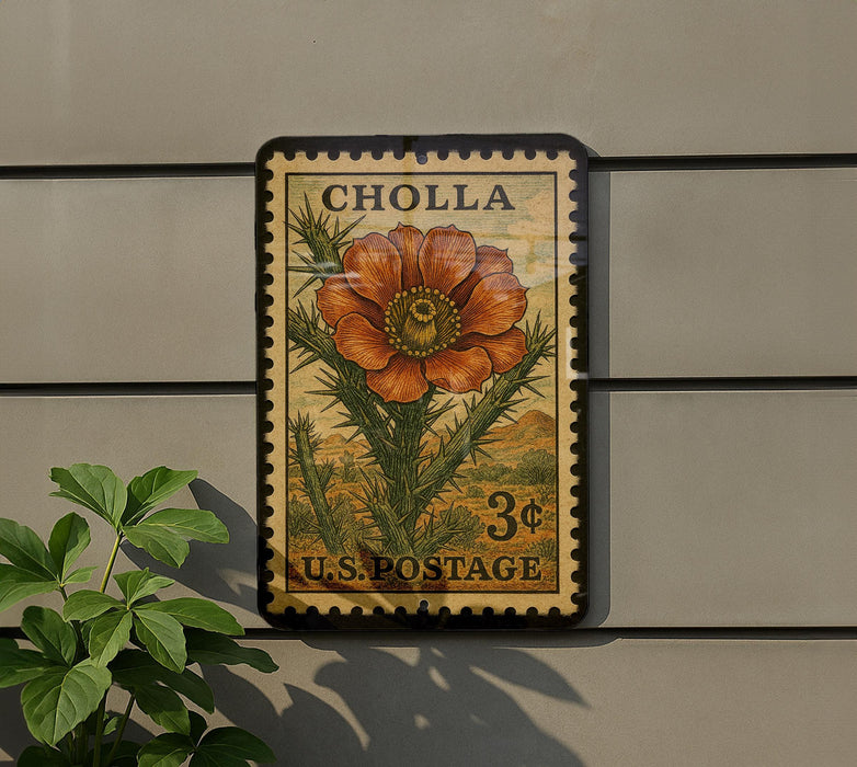 A vintage postage stamp featuring a large orange flower is displayed on a wall, with a plant to the left.