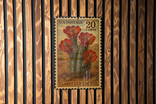 A U.S. postage stamp featuring a claret cup cactus, with the text "U.S. POSTAGE 20 CENTS" and "CLARET CUP CÁCUS" printed on it.