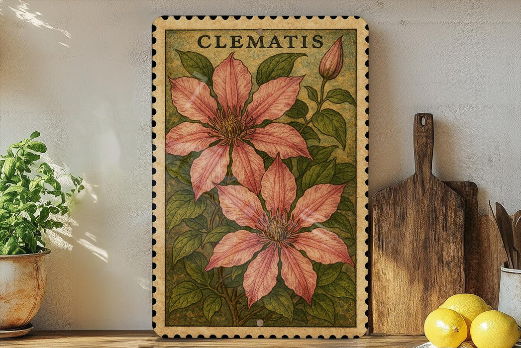 A framed illustration of clematis flowers is displayed on a shelf, accompanied by a wooden cutting board, a potted plant, and a bowl of lemons.