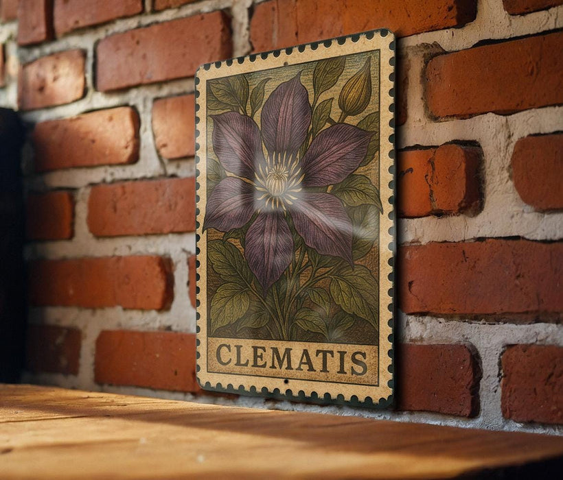 A framed illustration of a clematis flower is displayed on a brick wall, with the word "CLEMATIS" written below the image.