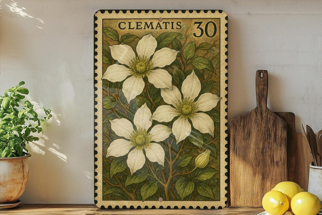A framed print of a Clematis flower is displayed on a shelf, surrounded by kitchen utensils and a potted plant.