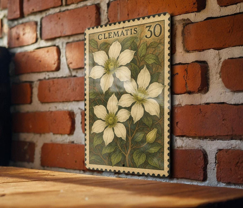 A framed botanical illustration of clematis flowers is displayed on a brick wall, with a wooden table below it.