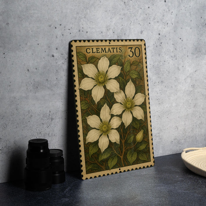 A metal stamp with a floral design, featuring three white flowers with green leaves, is displayed on a table next to a stack of black camera lenses.