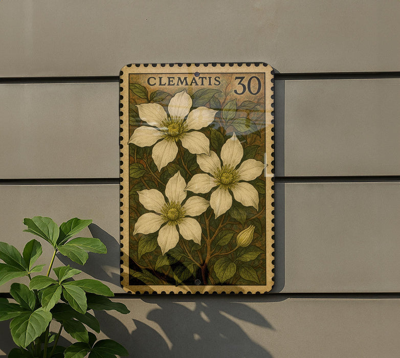 A framed botanical illustration of Clematis flowers is displayed on a wall, with a plant visible to the left.