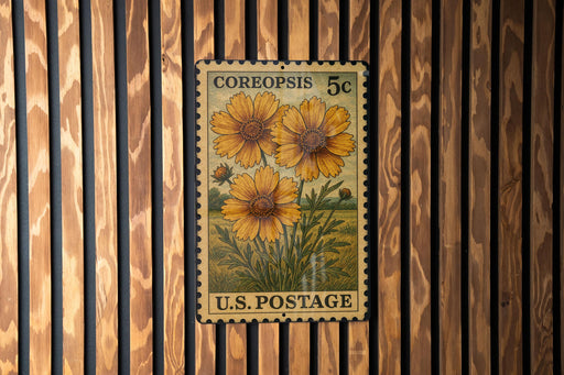 A vintage U.S. postage stamp featuring a floral design is displayed on a wooden wall.