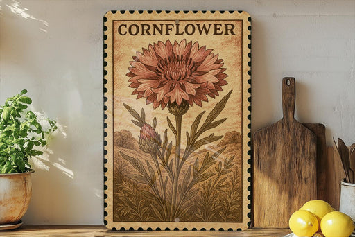 a framed illustration of a large pink flower, likely a cornflower, on a shelf next to a wooden cutting board and some kitchen utensils.