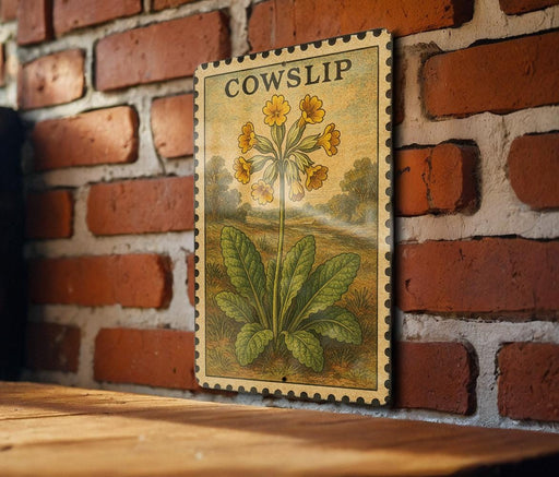 a vintage-style stamp or sign with a floral illustration, mounted on a brick wall.