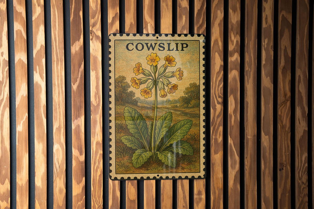 A vintage-style stamp featuring a flower with the word "COWSLIP" printed on it, displayed on a wooden wall.
