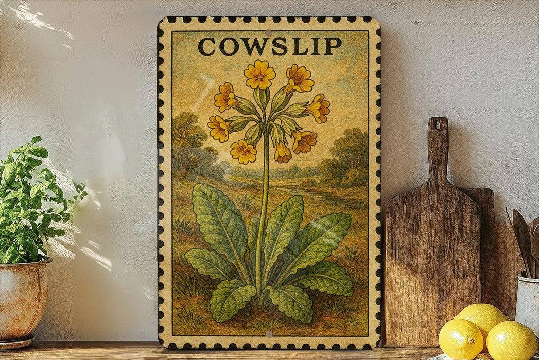 a framed illustration of a yellow flower with green leaves, placed on a shelf next to a wooden cutting board and a potted plant.