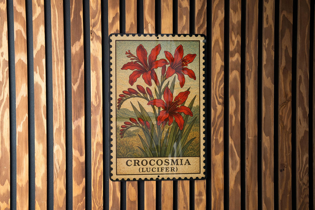 A framed image of red crocuses (LUCIFER) is displayed on a wooden wall.