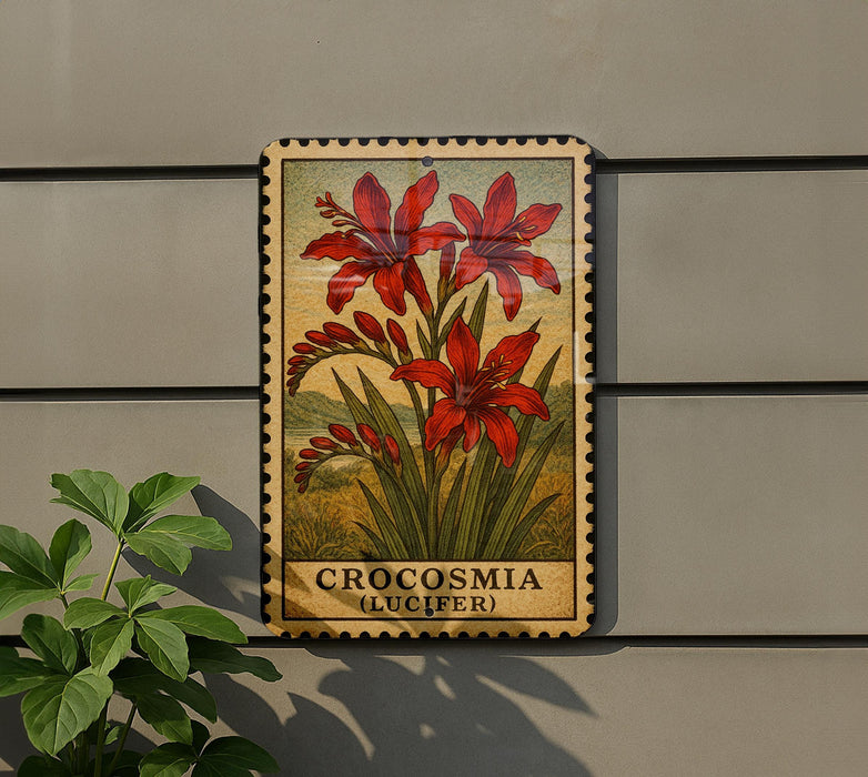 A framed illustration of red crocus flowers is displayed on a wall, with the word "crocosmia" written below the image.