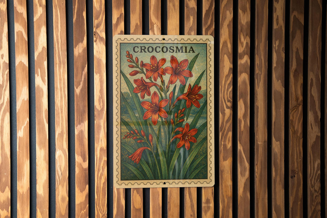 A vintage postage stamp featuring a floral illustration of crocosmia flowers is displayed on a wooden wall.