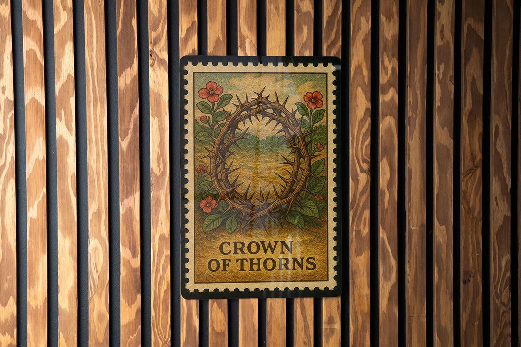 A framed poster with a crown of thorns design is hanging on a wooden wall.