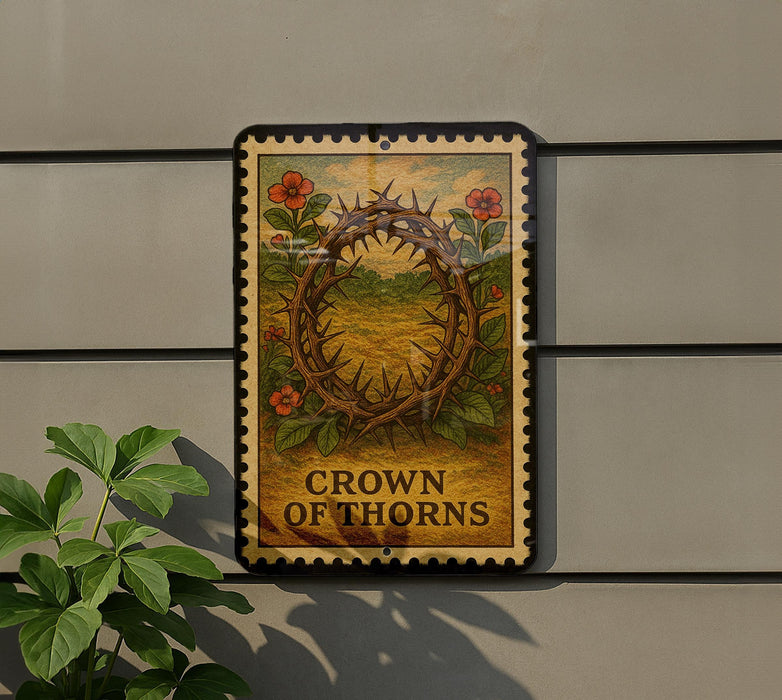 a sign with a crown of thorns design, mounted on a wall next to a plant.
