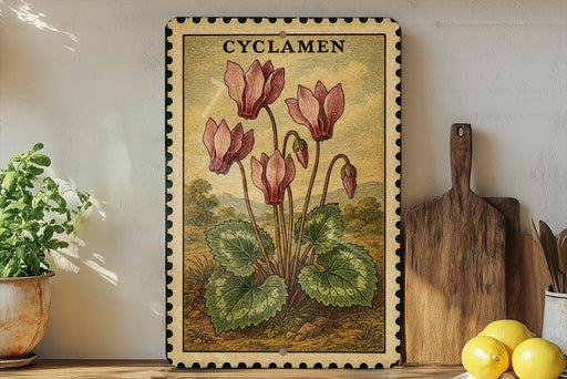 a framed illustration of pink cyclamen flowers on a wooden shelf, accompanied by a wooden cutting board and a potted plant.