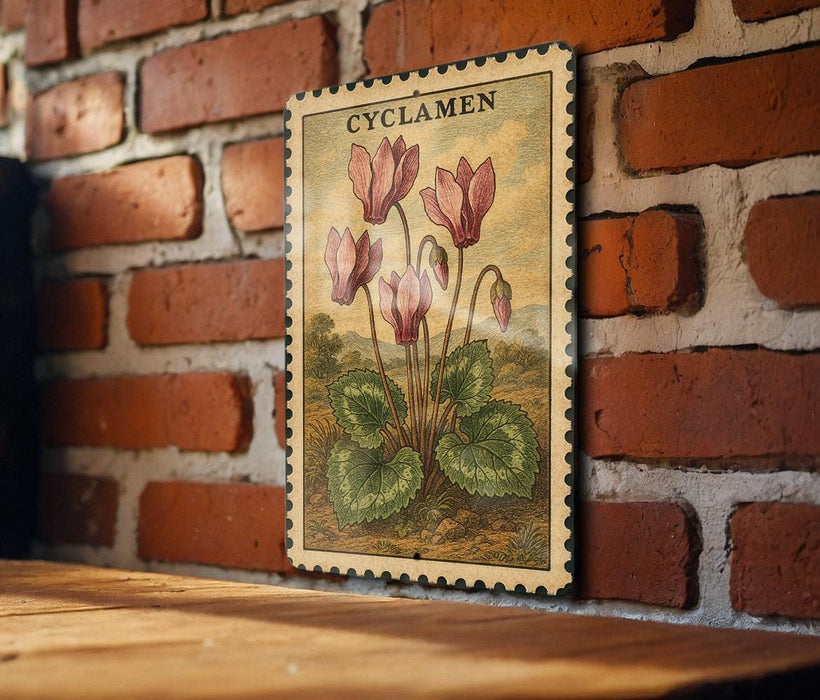 A framed illustration of pink flowers is hanging on a brick wall, with a wooden table below it.