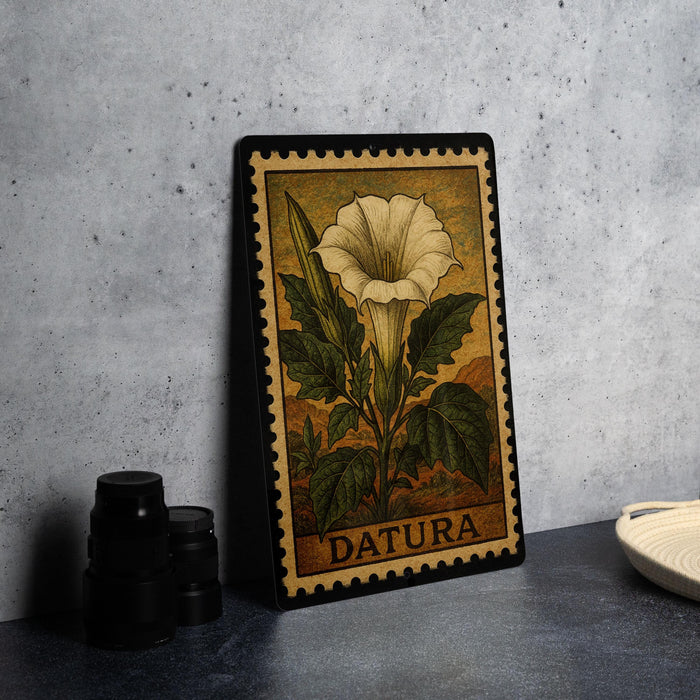 A framed print of a white flower with green leaves is displayed on a gray wall, accompanied by a stack of black camera lenses and a white dish.