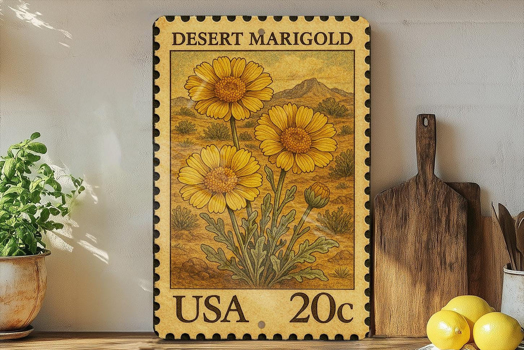 A framed print of a desert marigold flower is displayed on a shelf, surrounded by kitchen utensils and a potted plant.