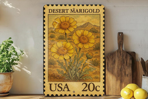 A framed print of a desert marigold flower is displayed on a shelf, surrounded by kitchen utensils and a potted plant.