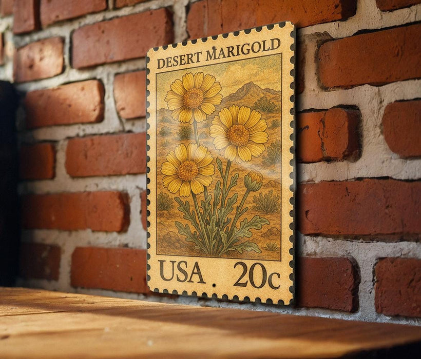A vintage-style postage stamp featuring a desert marigold flower is displayed on a brick wall.