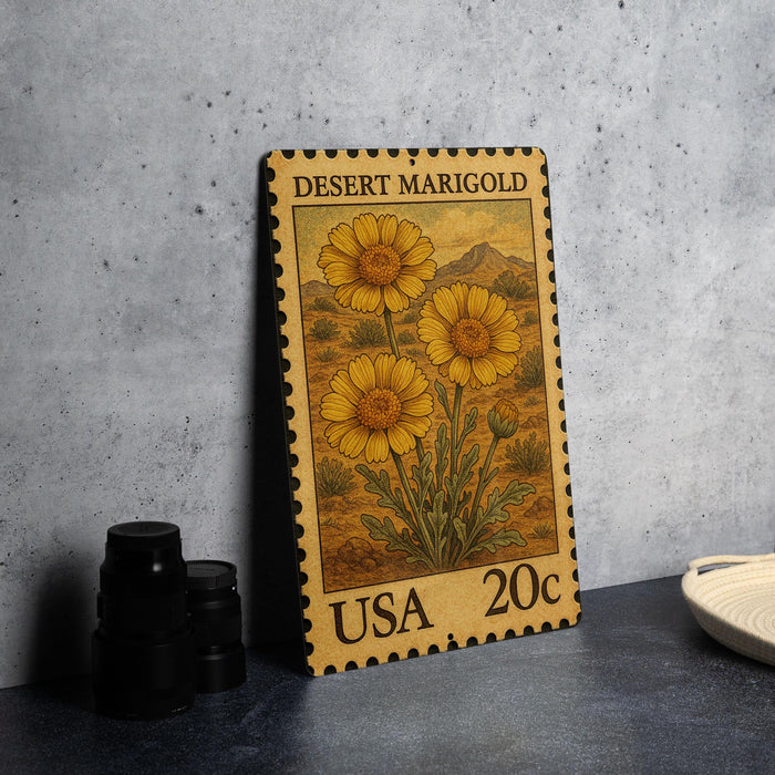 A metal stamp featuring a desert marigold flower, with the text "DESERT MARIGOLD" and "20c" printed on it.