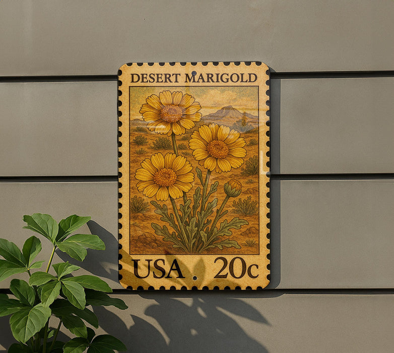 A framed postcard featuring a desert marigold flower is hanging on a wall, with a plant to the left of the frame.